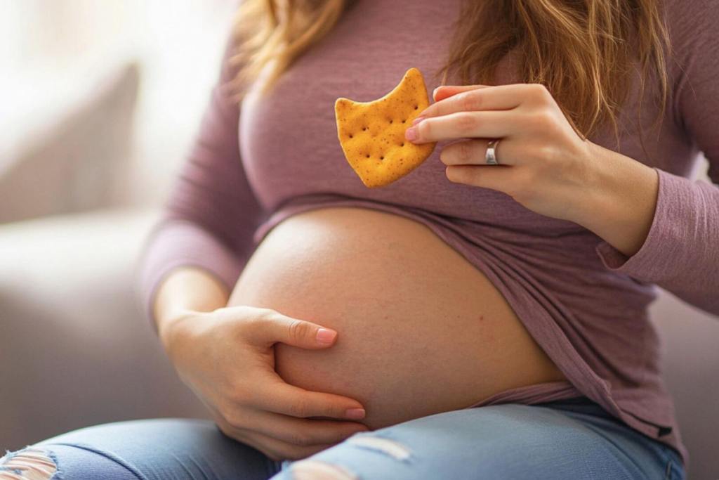 Una mujer embarazada con una galleta en la mano