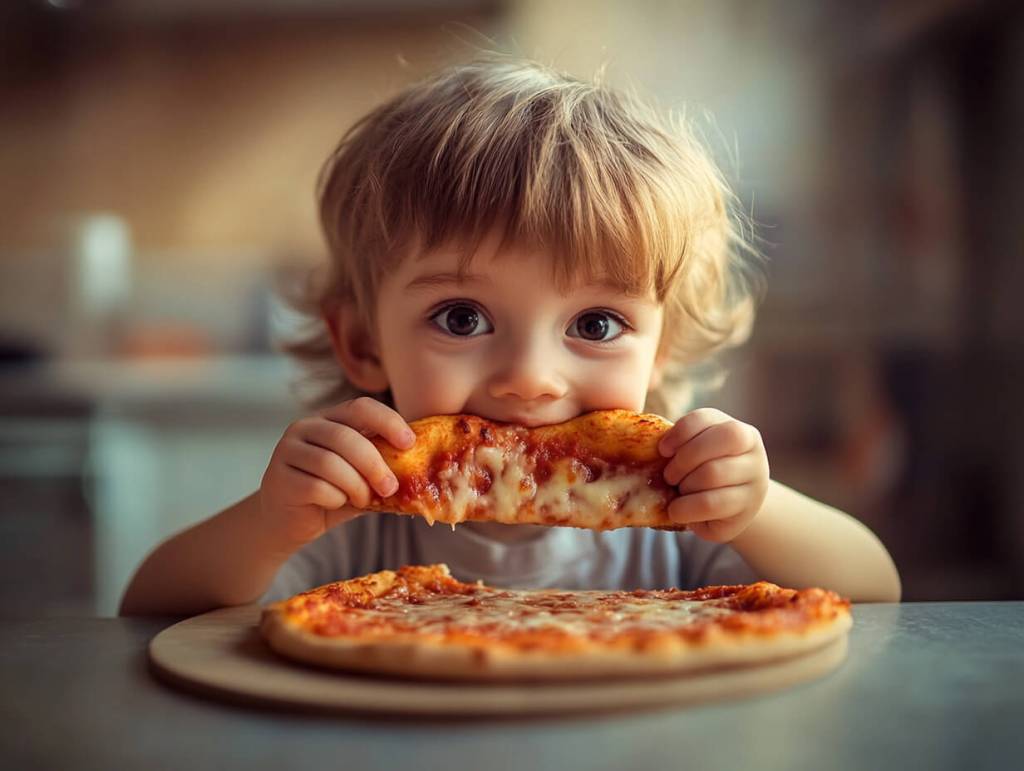 Un niño comiendo pizza