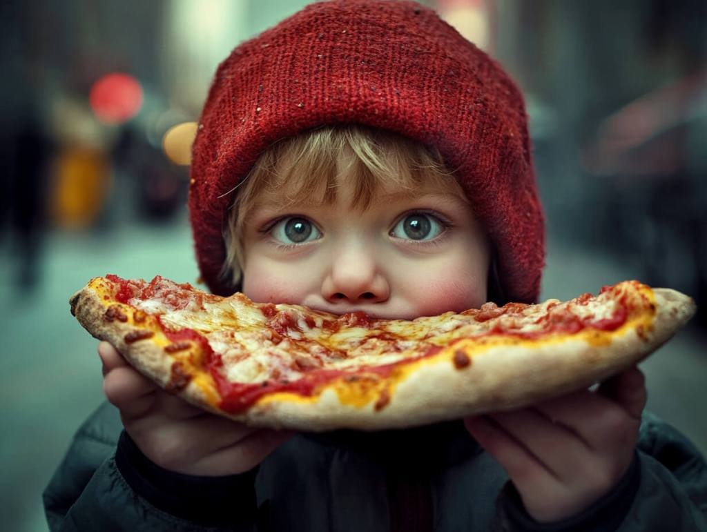 Un niño alimentándose con un trozo de pizza