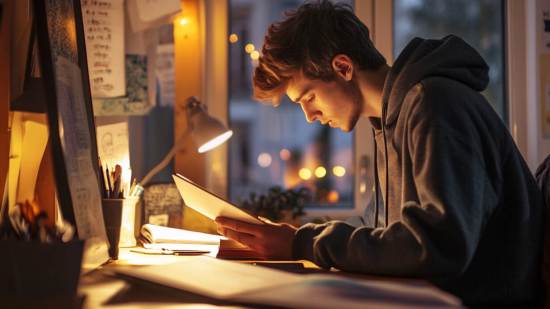 Un adoolescente estudiando en su habitación