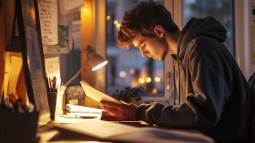 Un adoolescente estudiando en su habitación