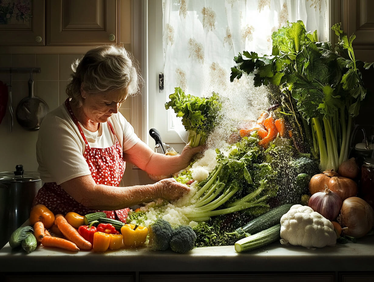 Una mujer con la cocina llena de verduras frecas