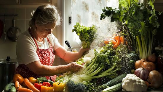 Una mujer con la cocina llena de verduras frecas