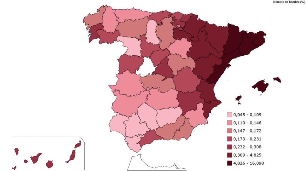 Distribución geográfica en España según el INE del nombre de niño Marc