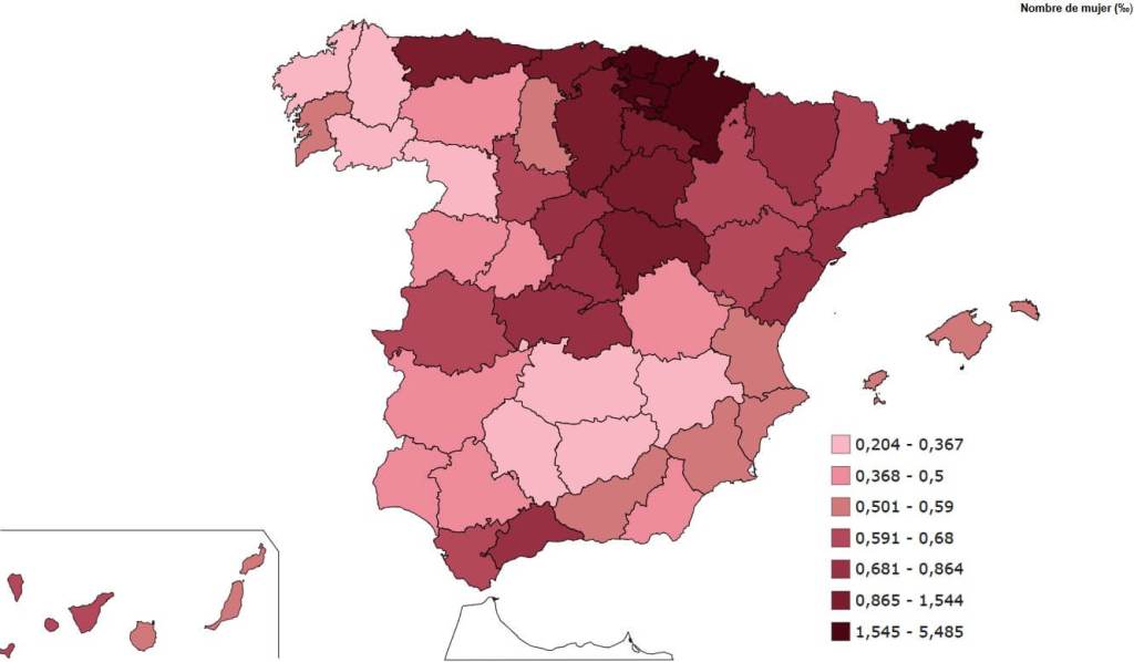 Distribuición en España del nombre de niña Nora