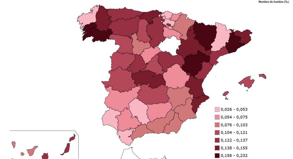 Distribución geográfica del nombre unisex Ares en España