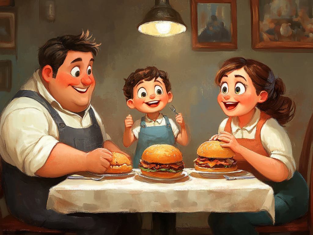 Una familia cenando hamburguesas