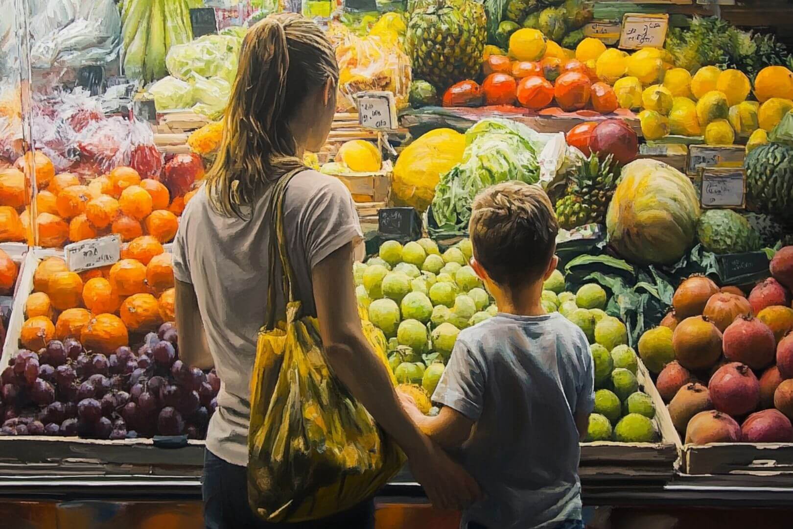 Una madre y su hijo mirando la frutería