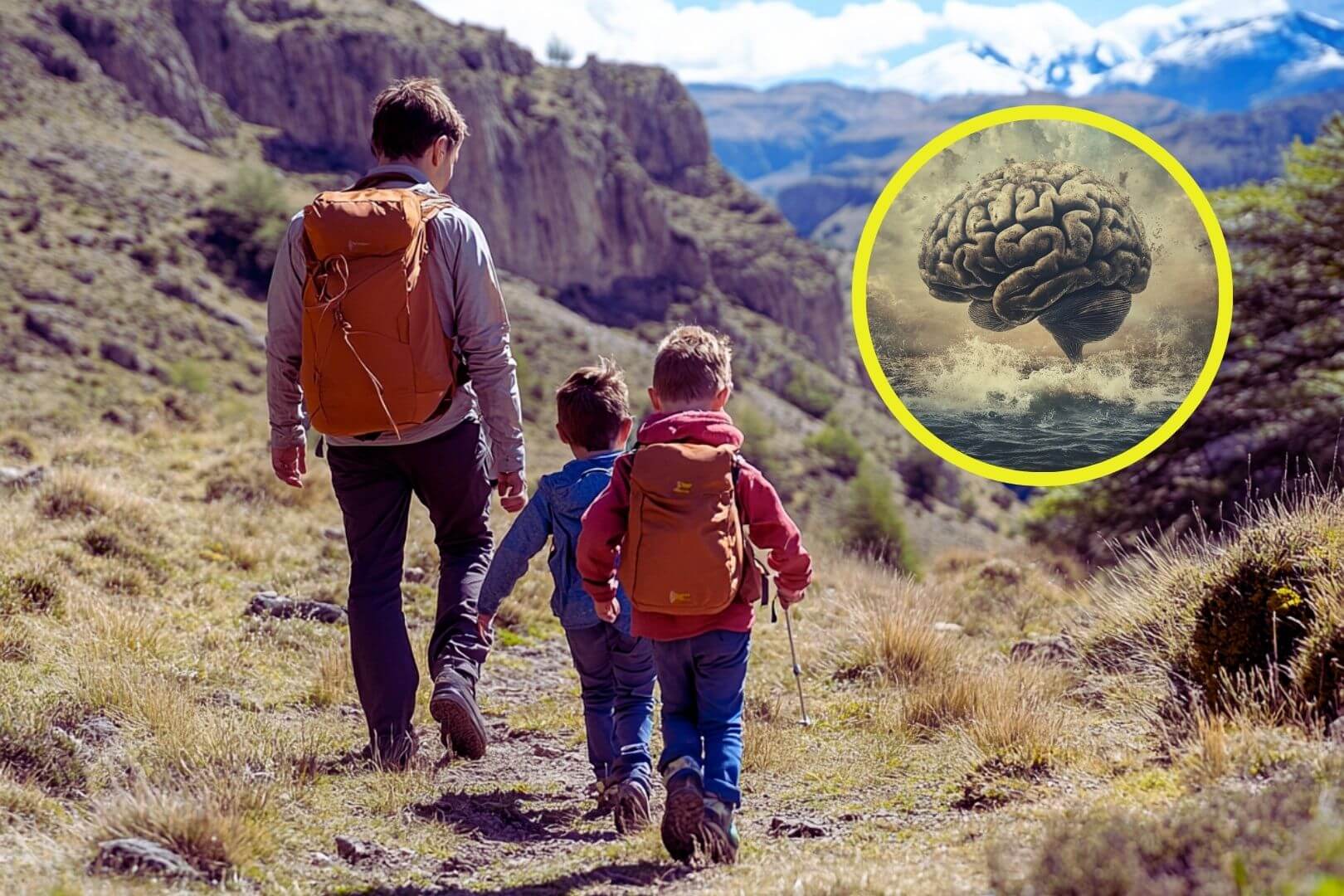 Una familia dando un paseo por la montaña
