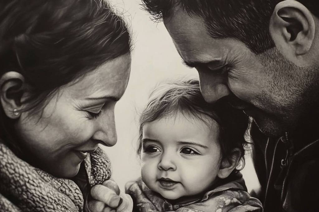 Imagen en sepia de una familia feliz