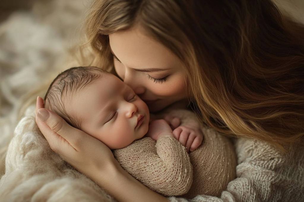 Una mujer besa y abraza a su bebé