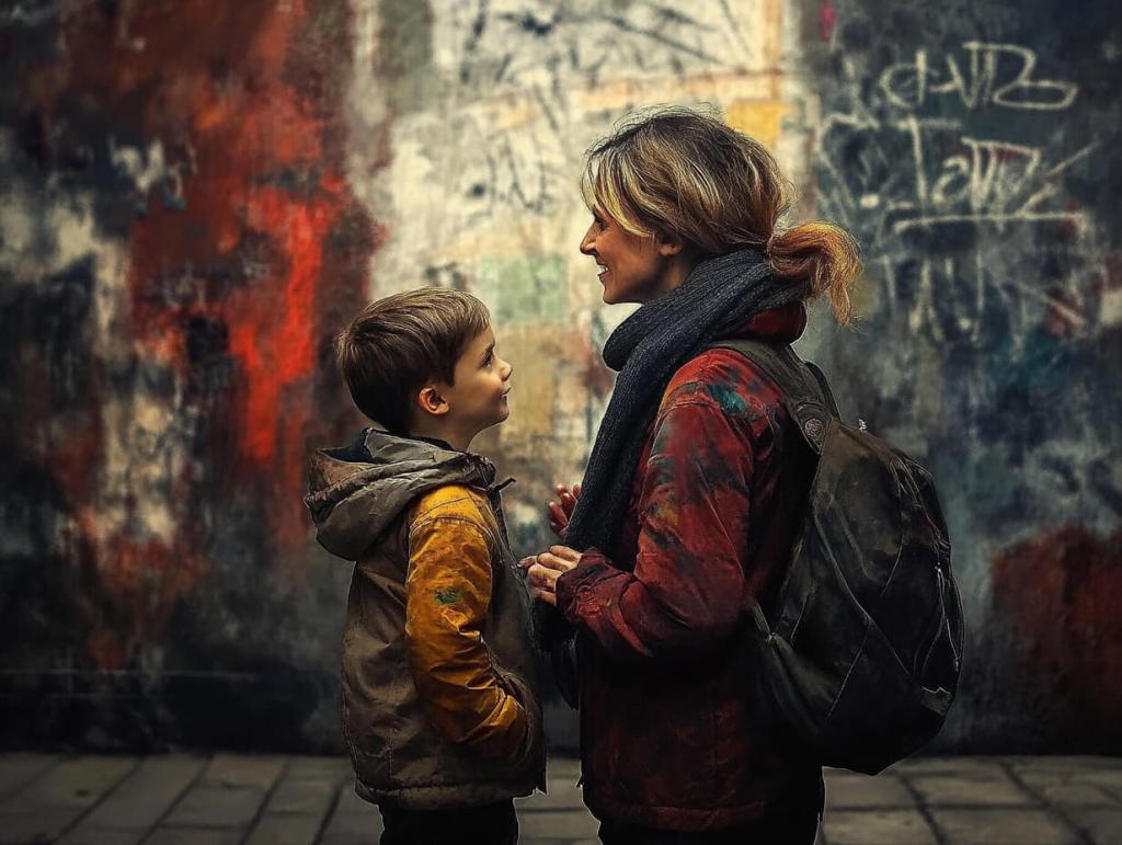 Madre e hijo hablan en la calle