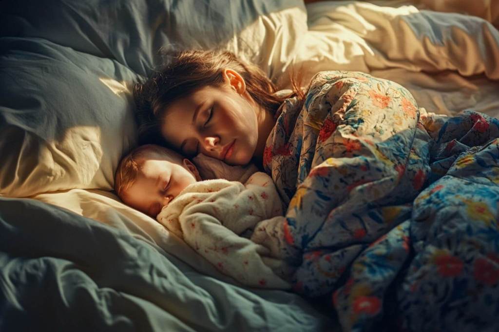 Una madre y su bebé dormidos en la cama