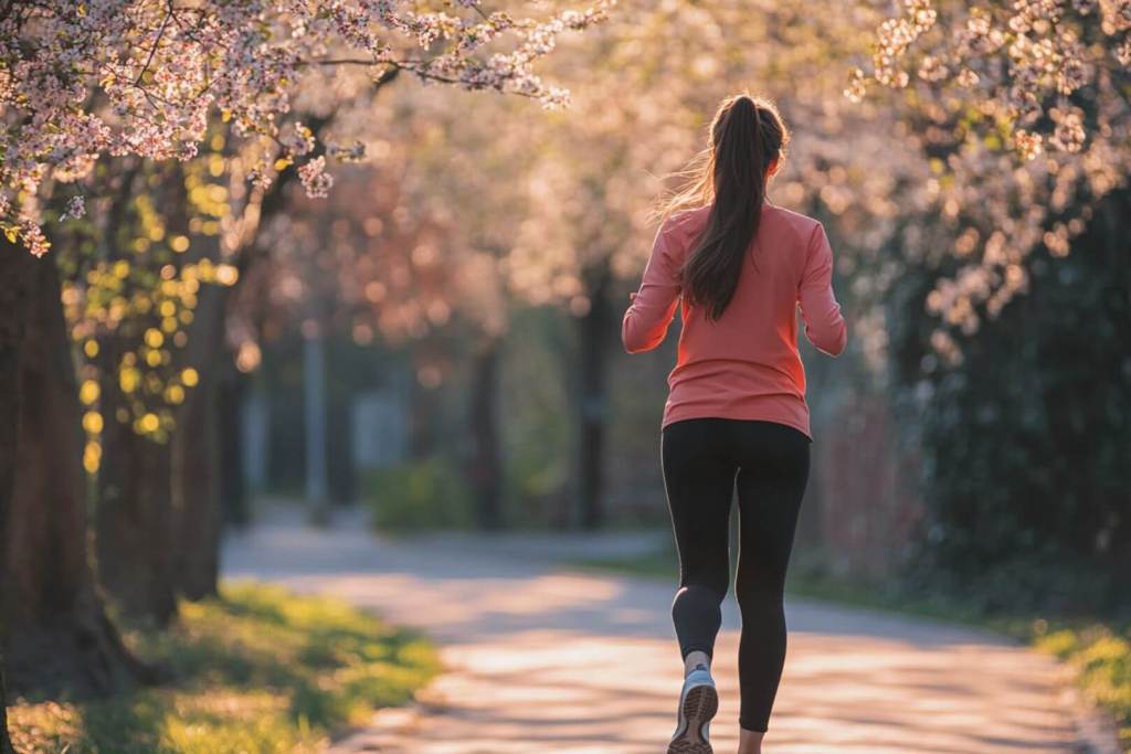 Una mujer caminando un día de primavera