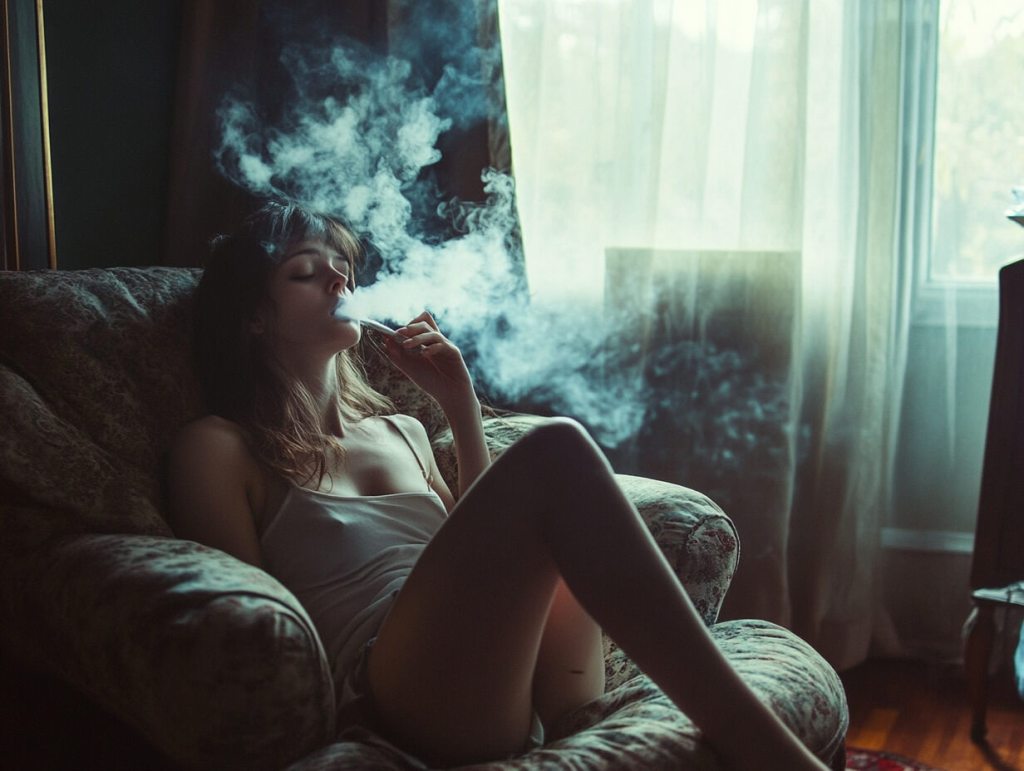 Una mujer fumando en casa