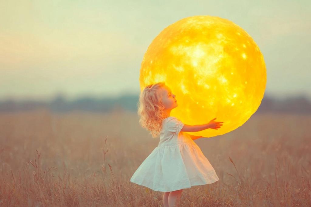 Montaje de una niña sosteniendo el sol