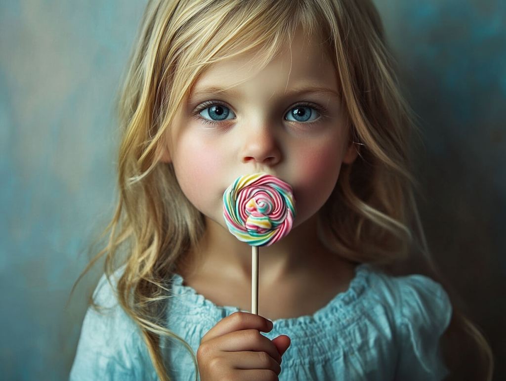 Una niña con una piruleta en la mano