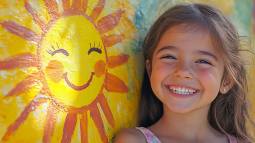 Un aniña sonriente posa junto a la pintura de un sol