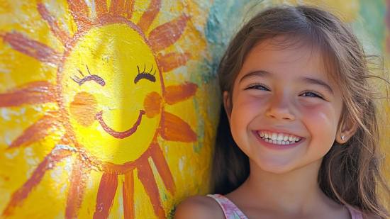 Un aniña sonriente posa junto a la pintura de un sol
