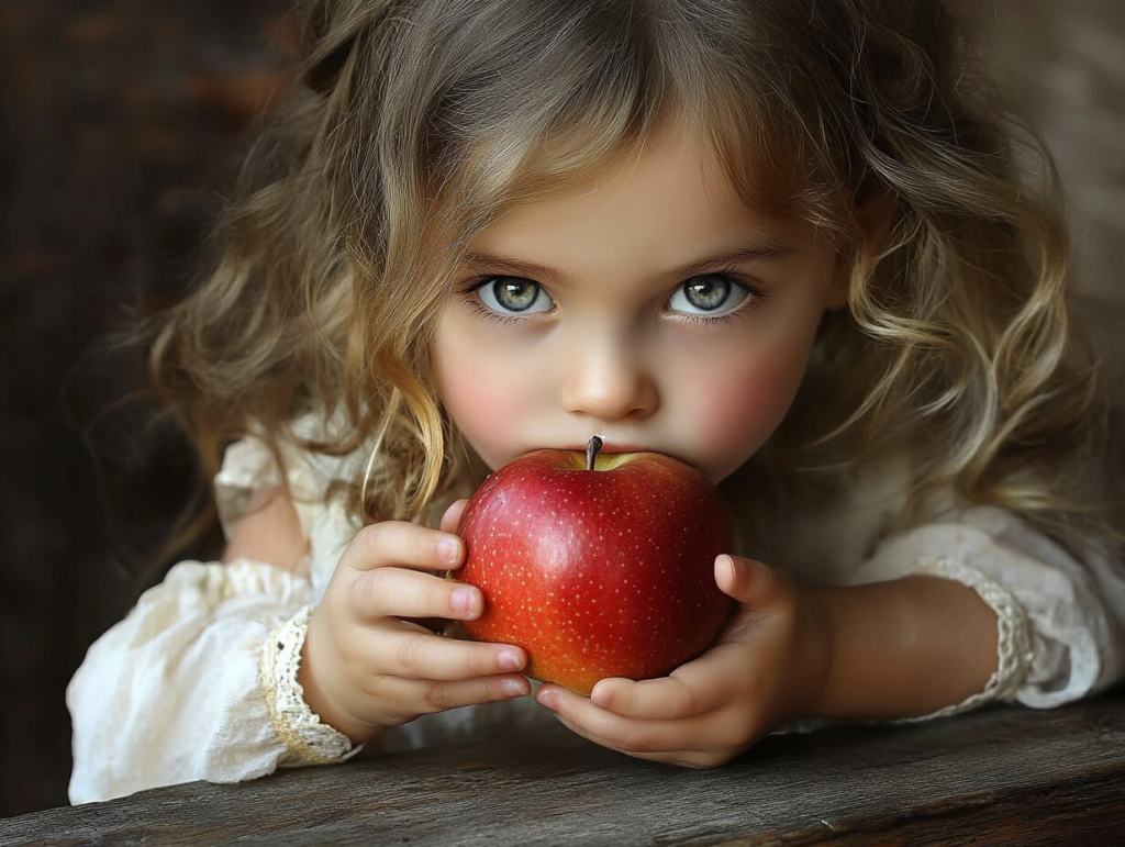 Una niña se va a comer una manzana