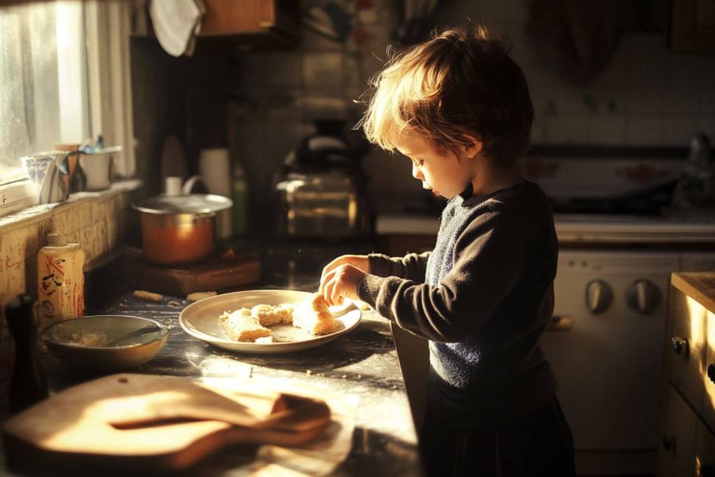 Un niño en una cocina humilde