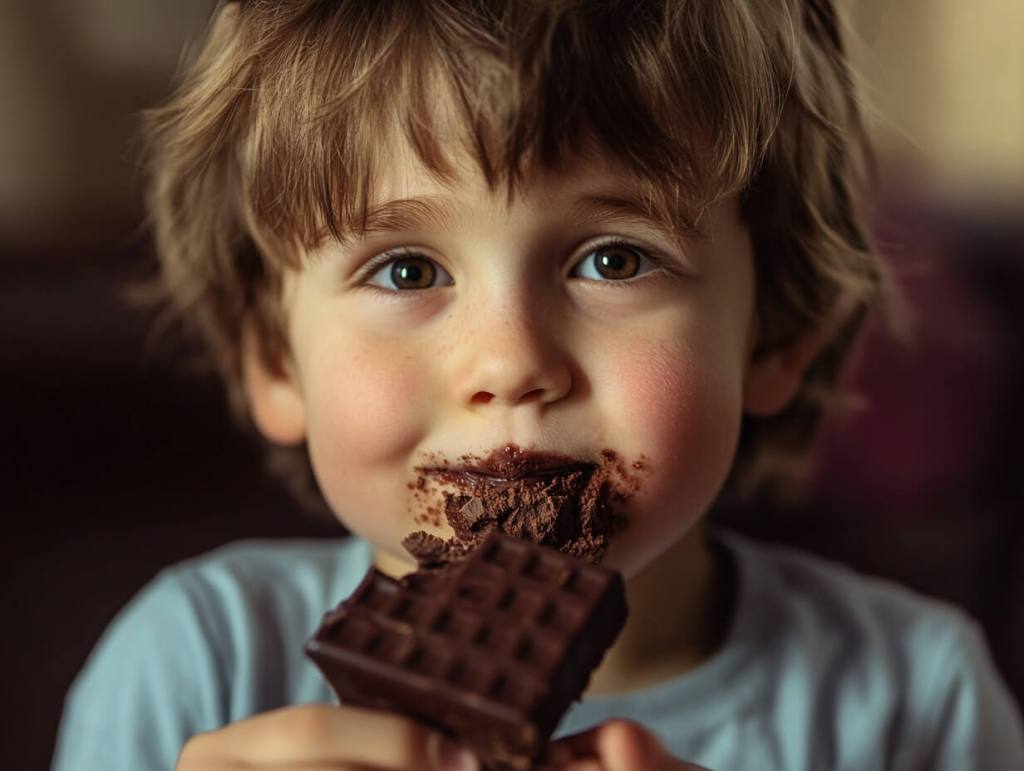 Un niño come chocolate