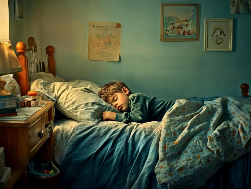 Un niño descansa en su cama