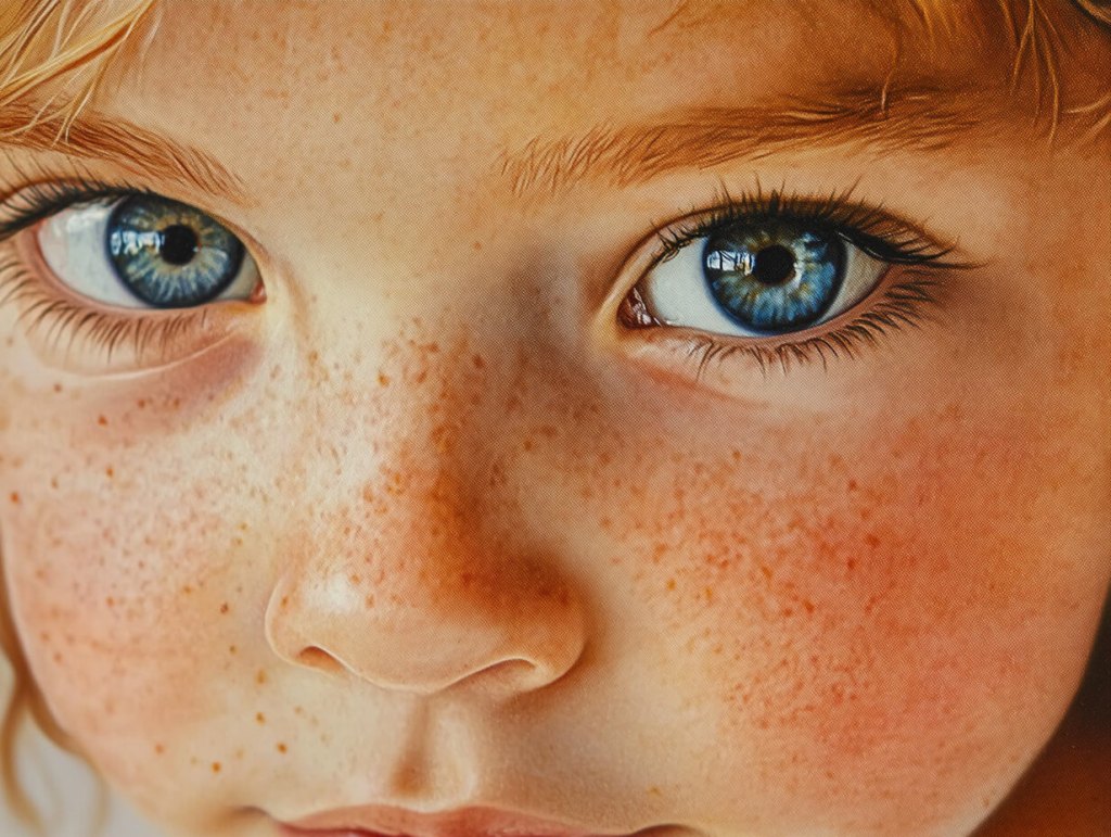 Primer plano de un niño con ojos claros y pecas