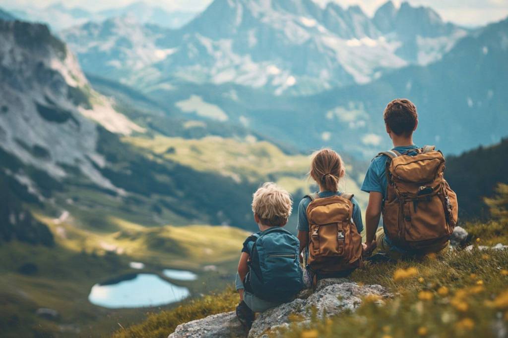 Una familia disfruta de un paisaje de montaña