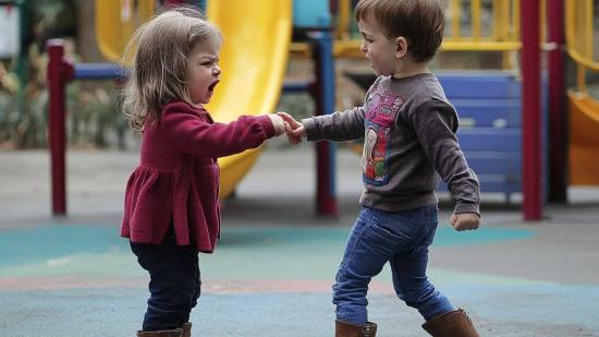 Dos niños se pelean por un juguete en el parque