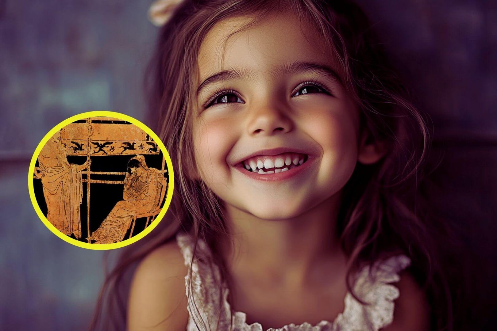 Una niña sonriente. Detalle de una pieza de cerámica etrusca que representa a Penélope.