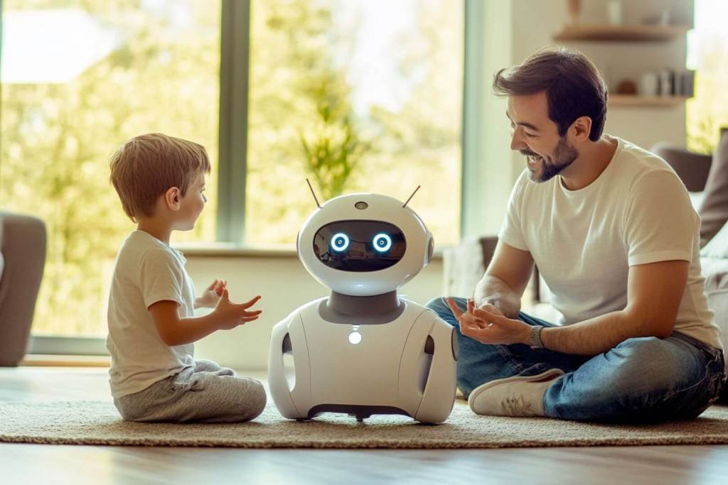 Un niño y su padre hablan con un robot presente