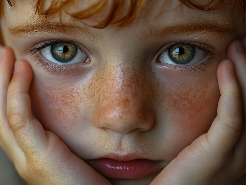 Retrato de un niño con las manos en la cara