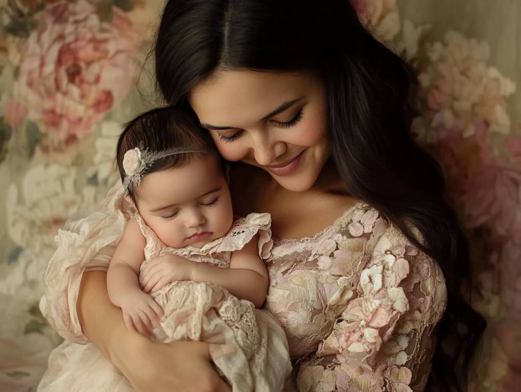 Retrato familiar de una madre y su hija recién nacida