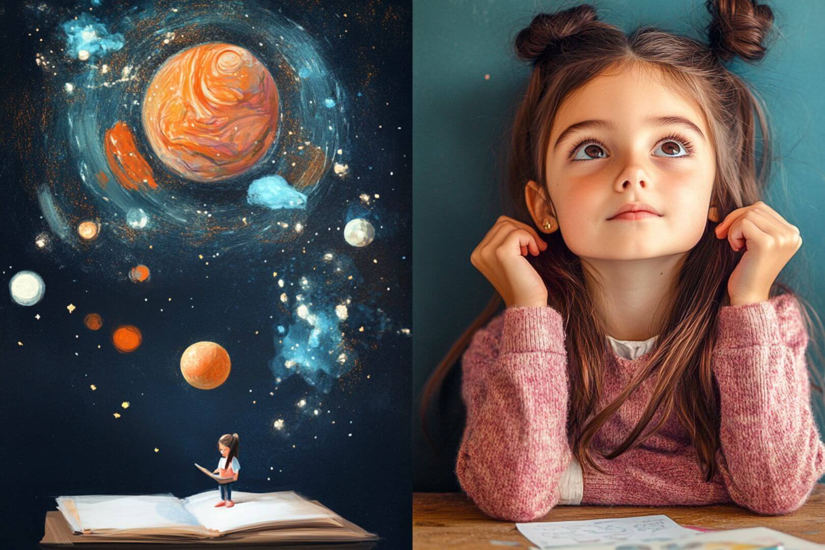Una niña brillante piensa en sus cosas sin hacer caso de la clase