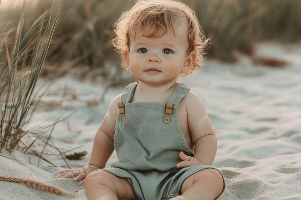 Un niño con peto en la playa