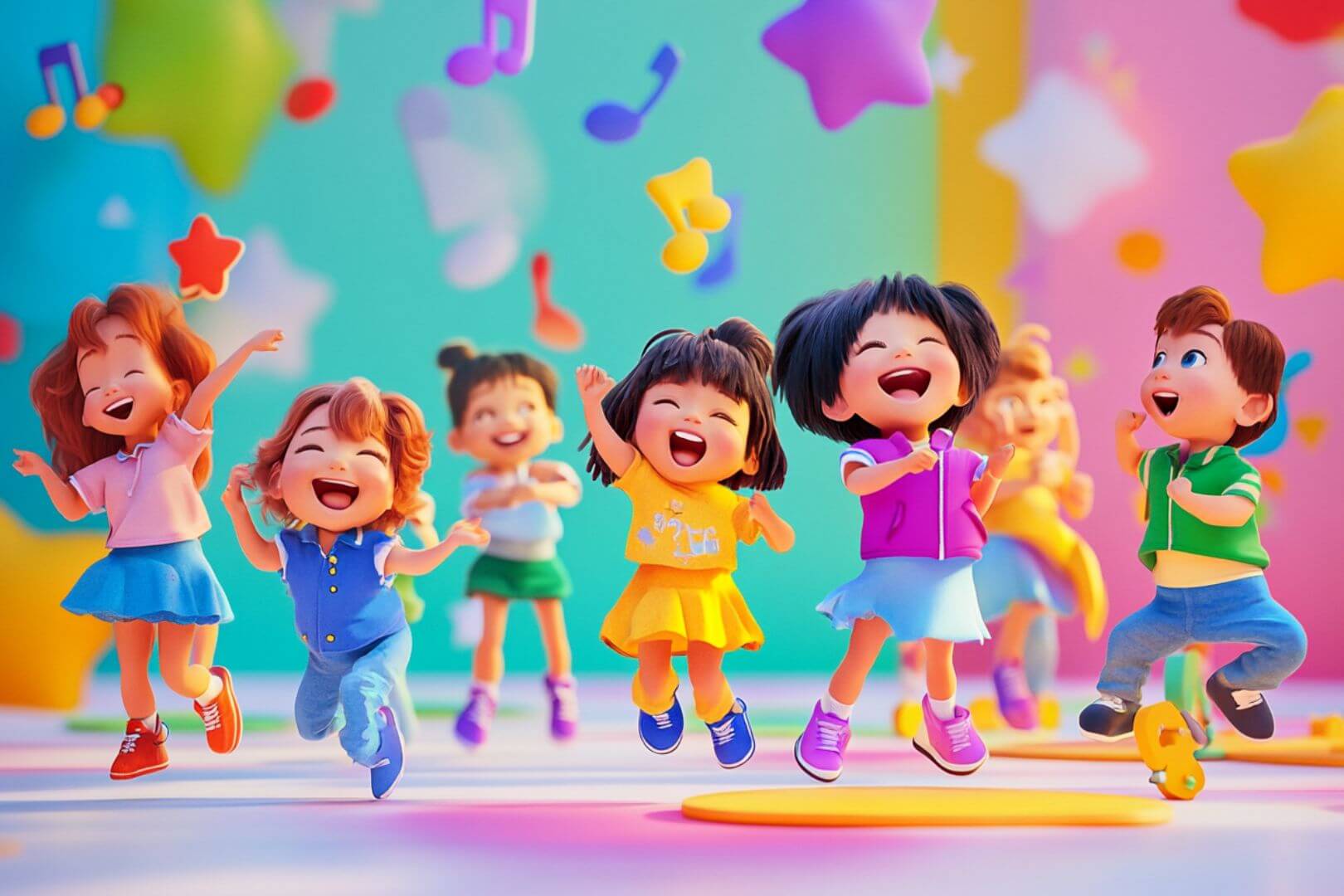 Ilustración colorida de niños y niñas diversos bailando y siendo felices