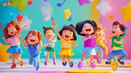 Ilustración colorida de niños y niñas diversos bailando y siendo felices