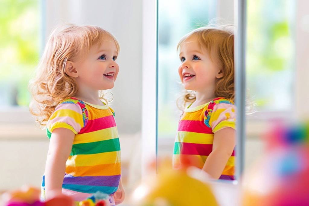 Una niña se mira en el espejo y sonríe