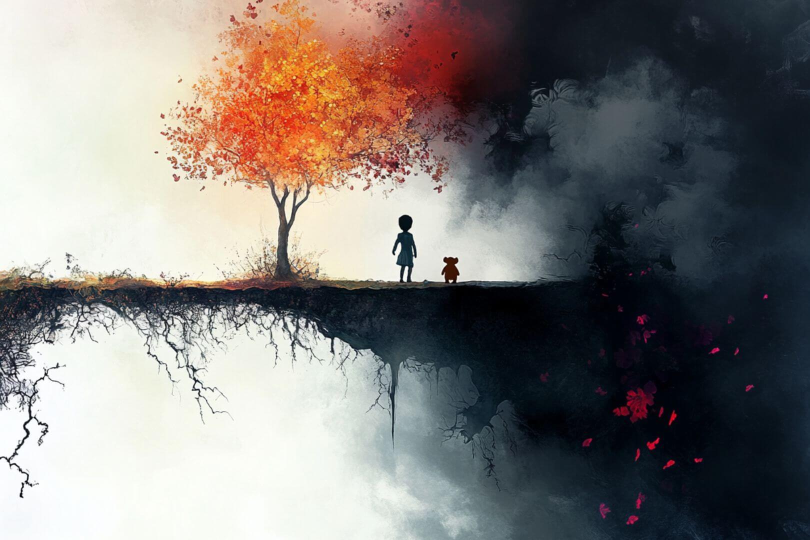 Una imagen de un niño ansioso entre dos mundos