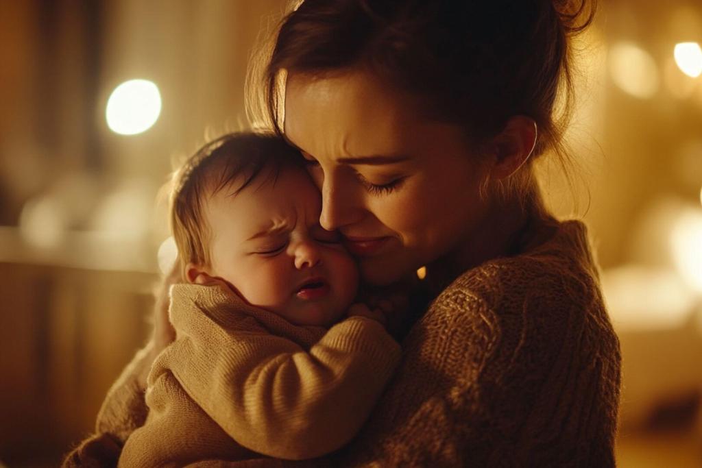 Una madre calma a su bebé por la noche