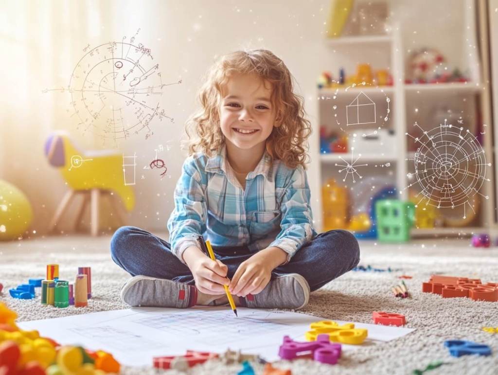 Una niña jugando con elementos matemáticos