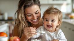 Una madre alimenta a su hijo pequeño