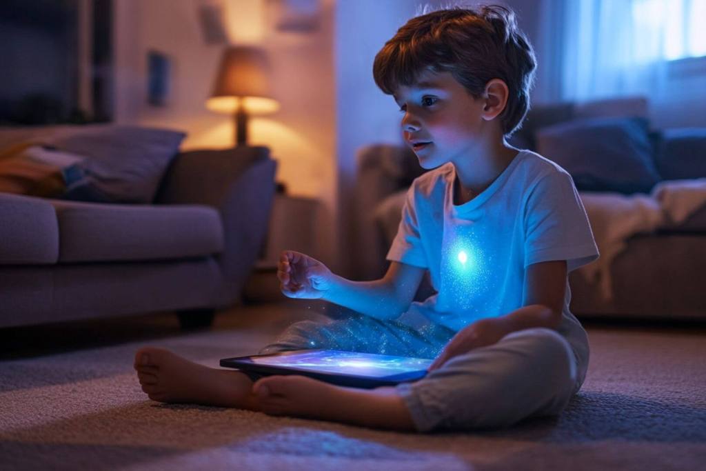 Un niño juega en casa con una tablet