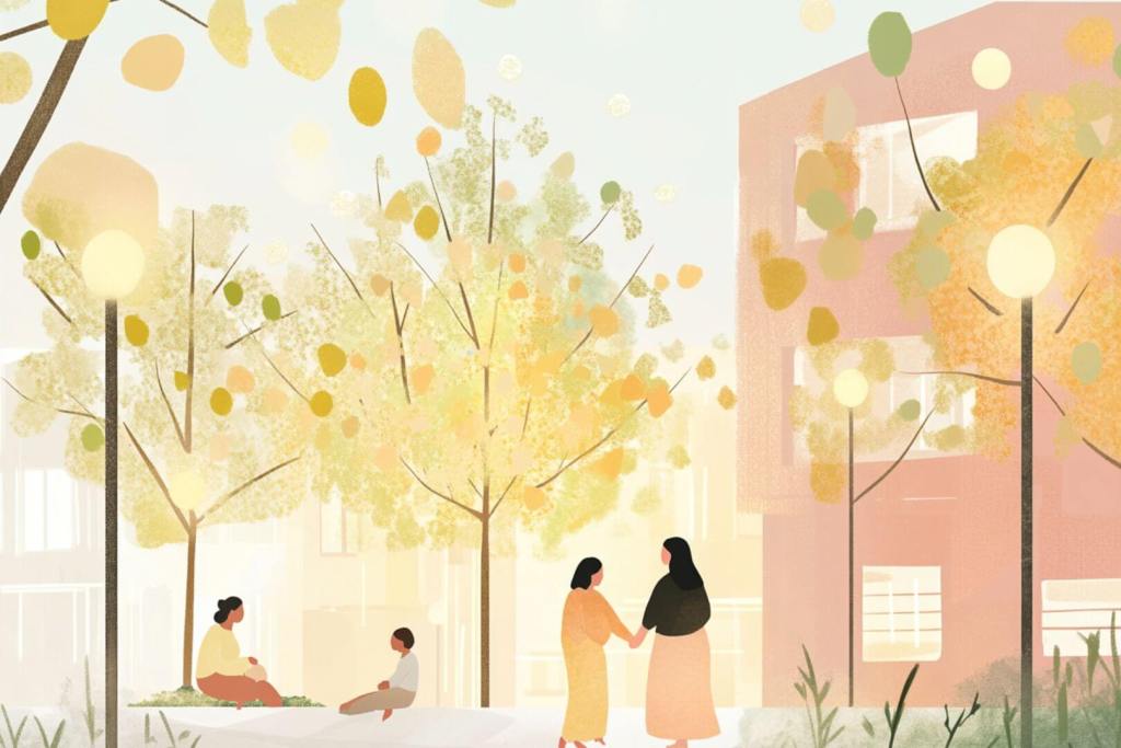 Ilustración de un barrio con árboles