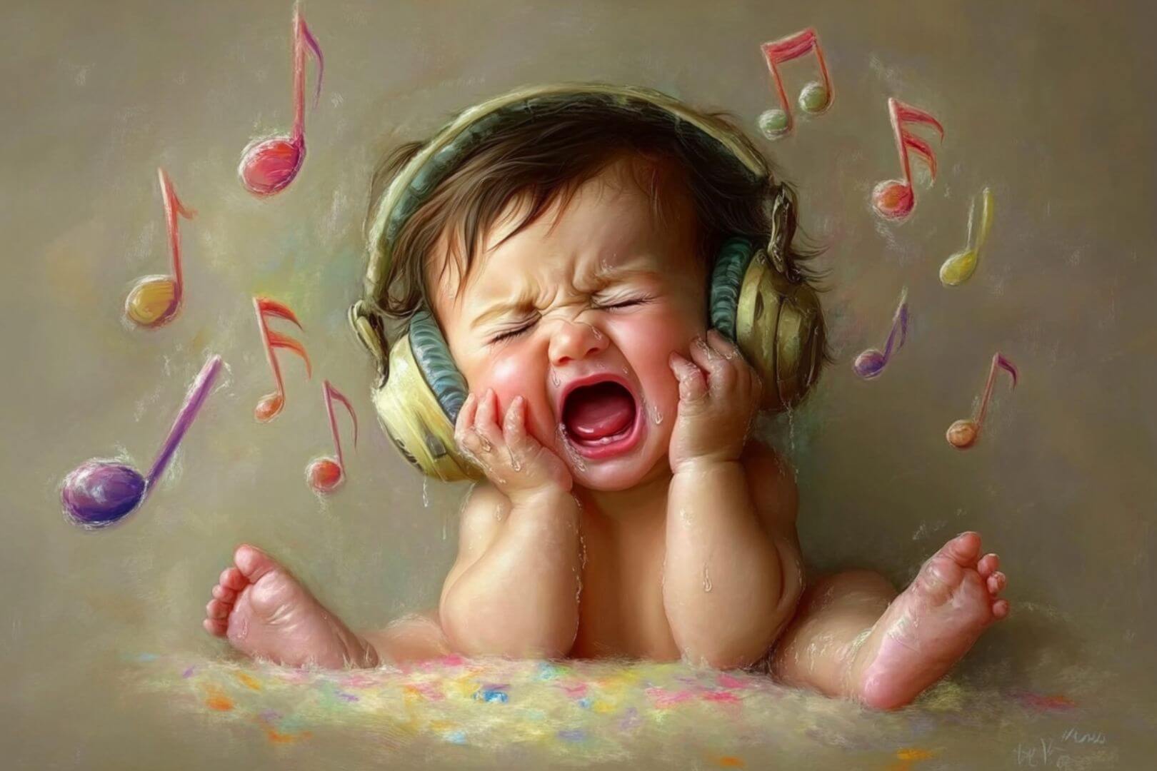 Un bebé escucha música y llora
