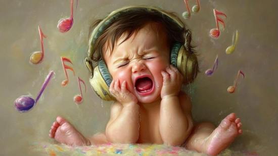 Un bebé escucha música y llora
