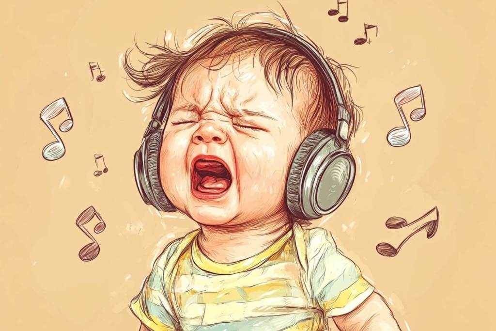Infografía de un bebé rechazando la música que escucha