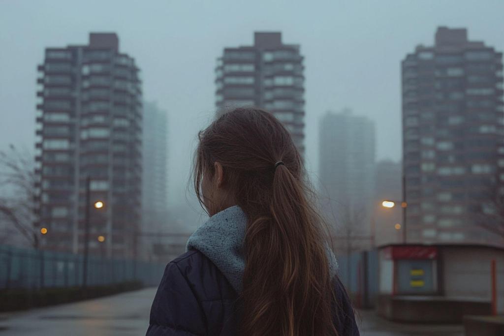 Una chica joven camina por su barrio en un día gris