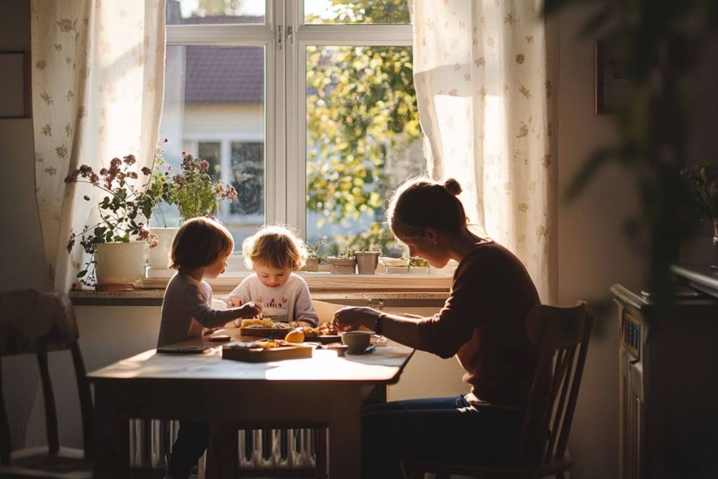 Una familia desayuna junta